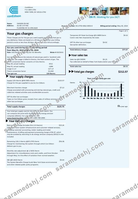 USA Con Edison gas business utility bill template in Word and PDF formats